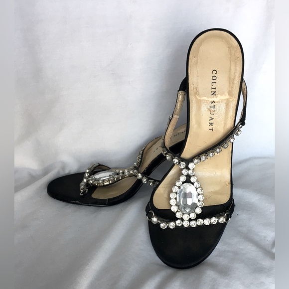 Gorgeous Vintage Colin Stuart black satin jeweled open toe heels - Picture 2 of 5